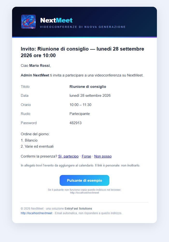 Un'email di invito: dettagli, risposta rapida e pulsante per partecipare.