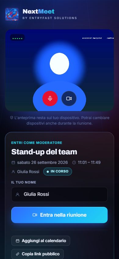 La sala d'ingresso su smartphone: anteprima e pulsante per entrare.