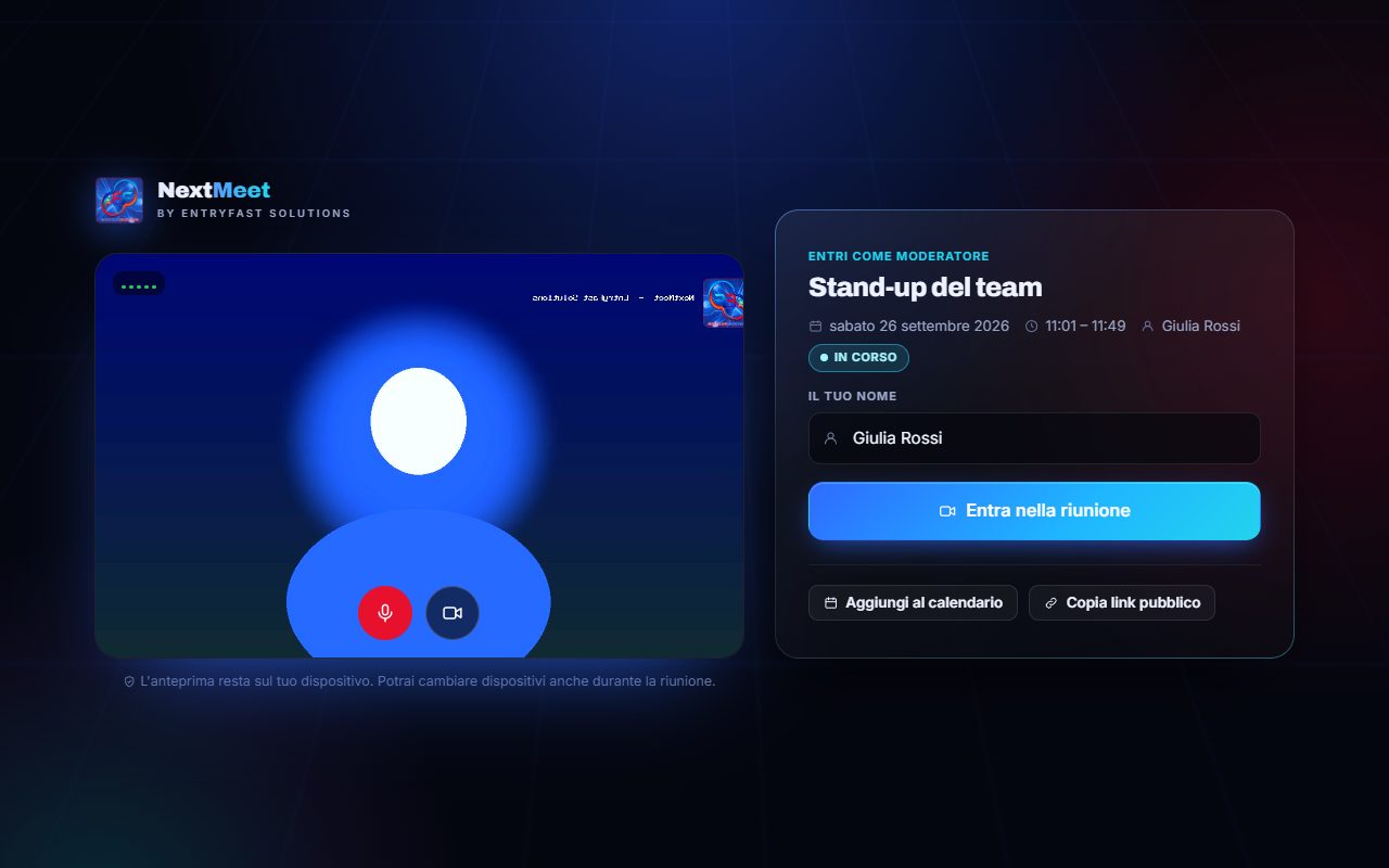 La sala d'ingresso: anteprima della videocamera, indicatore del microfono e dati della riunione.